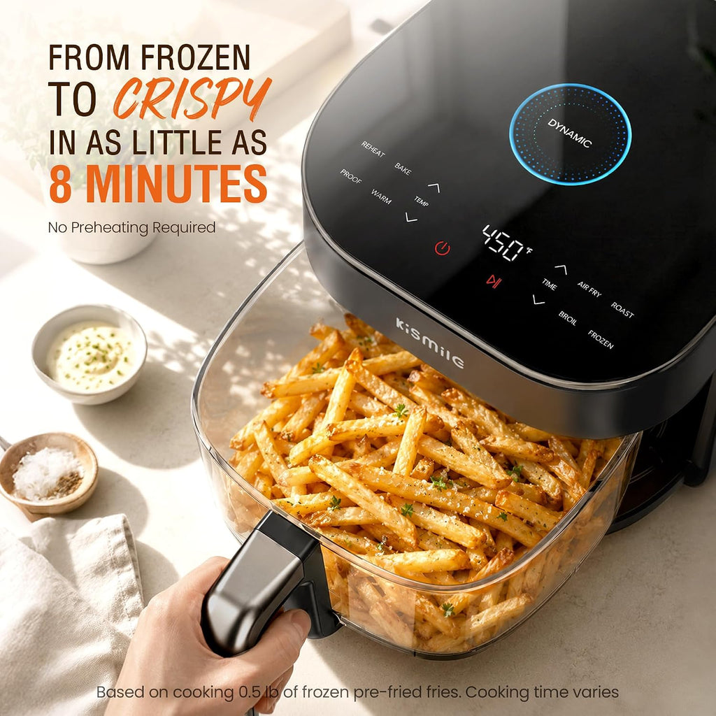 Kismile AeroLucen 5 QT Glass Air Fryer, No Preheat, 8-in-1, 450°F