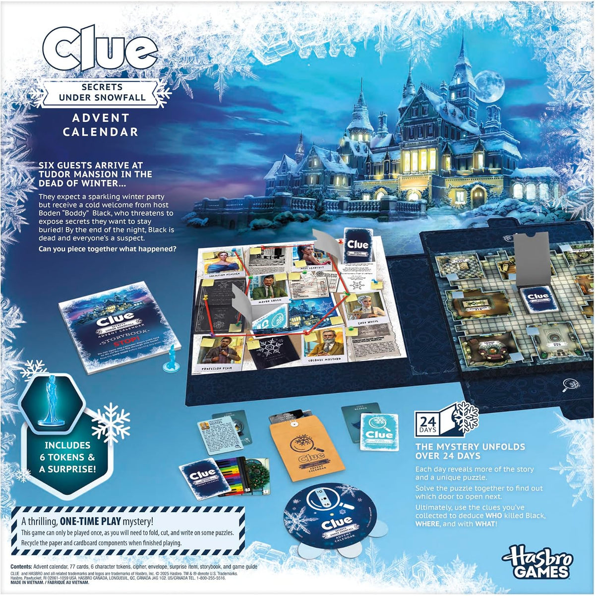 Clue Advent Calendar: Secrets Under Snowfall | 24 Days | Family Mystery Games | with 6 Winter-Themed Tokens and Surprise | Ages 10+ | 1+ Players
